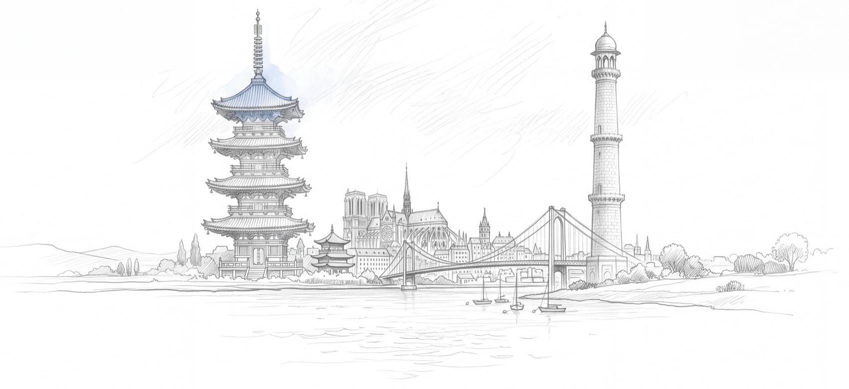 A pencil sketch of famous landmarks along a river: a pagoda, a cathedral, a suspension bridge and a minaret
